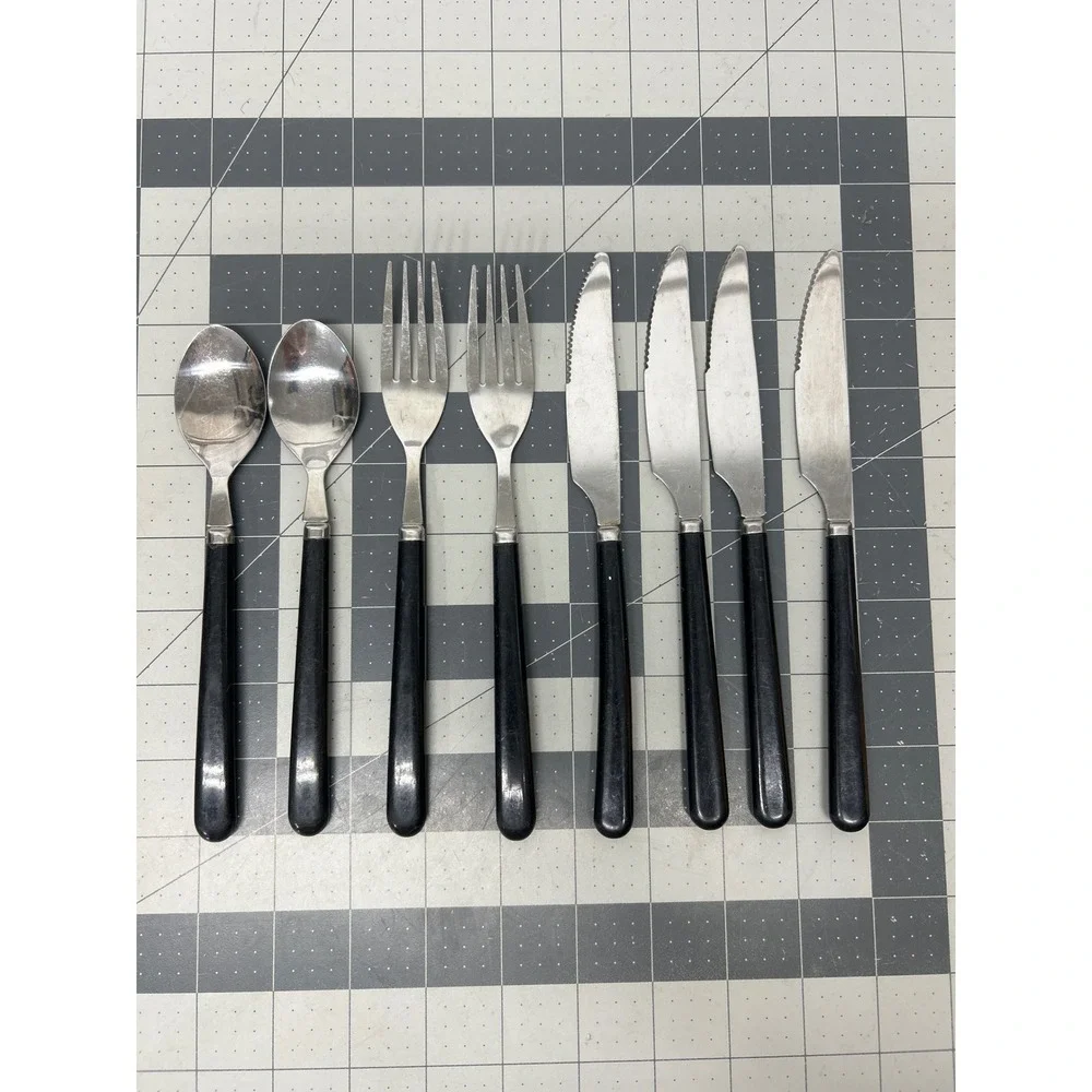 Vintage Flatware Set Mixed Lot 8pc Black Silver Stainless Steel Taiwan Utensils
